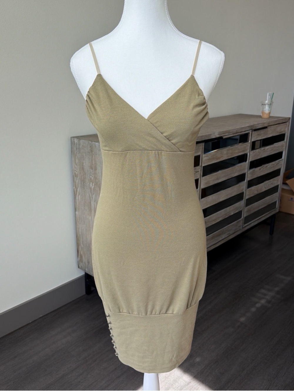 Spaghetti Strap Wrap Front Bodycon Dress - Olive